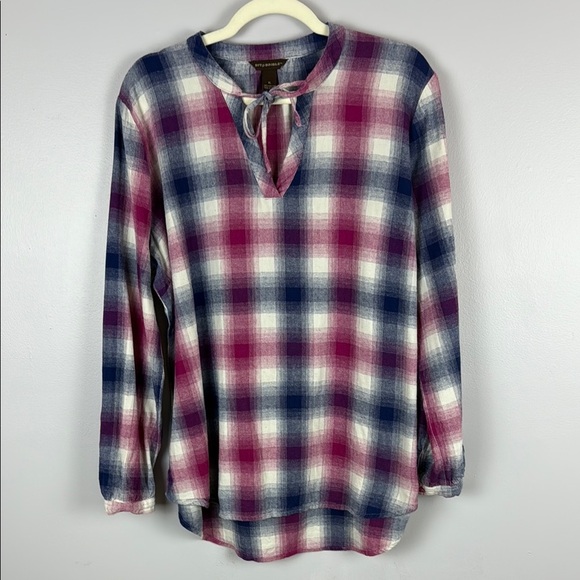 Bit & Bridle Pink and Blue Plaid Tie Front Blouse Size XL - Picture 2 of 10